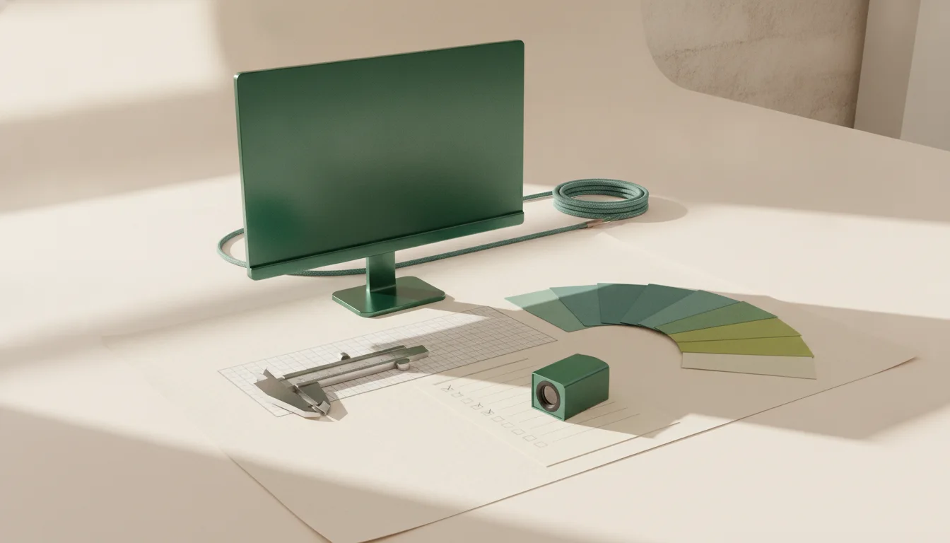 A conceptual product evaluation bench with measuring tools and color references