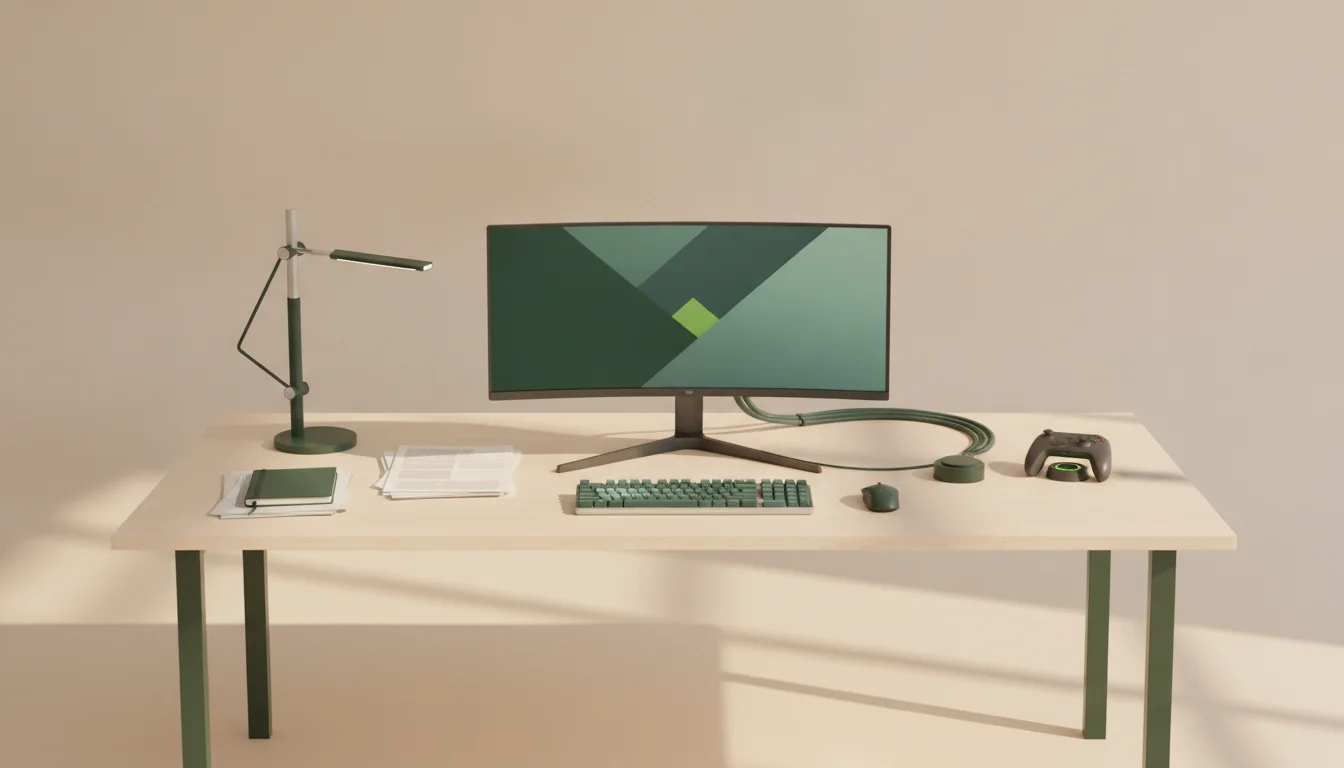 A mixed-use desk designed around work clarity and gaming motion.